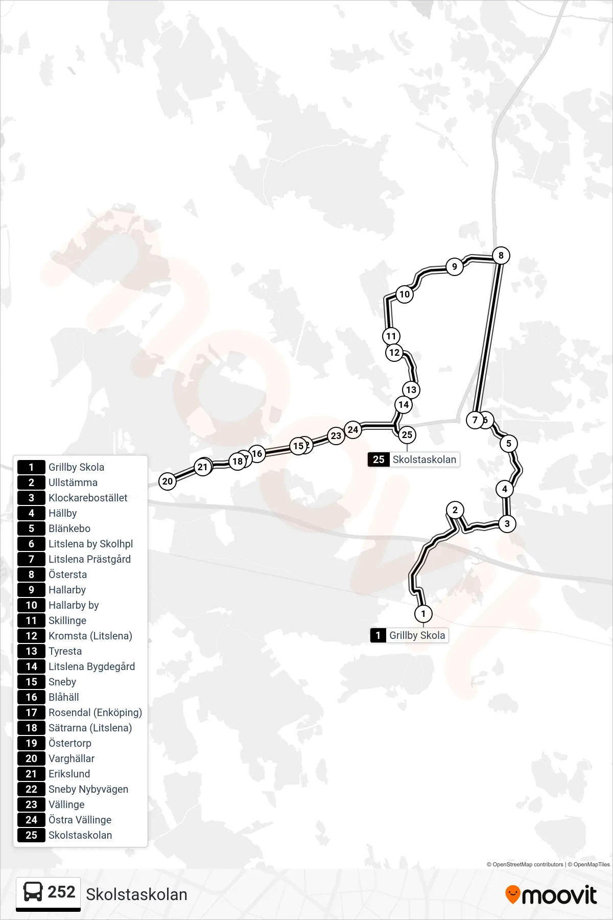 Rutt och hållplatser på karta för linje 252 buss, (Skolstaskolan)