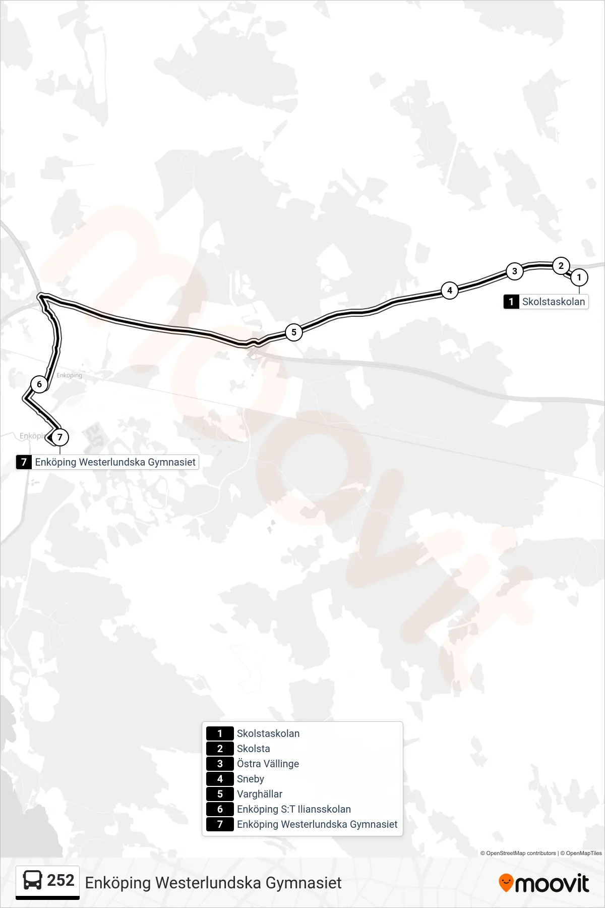 Rutt och hållplatser på karta för linje 252 buss, (Enköping Westerlundska Gymnasiet)