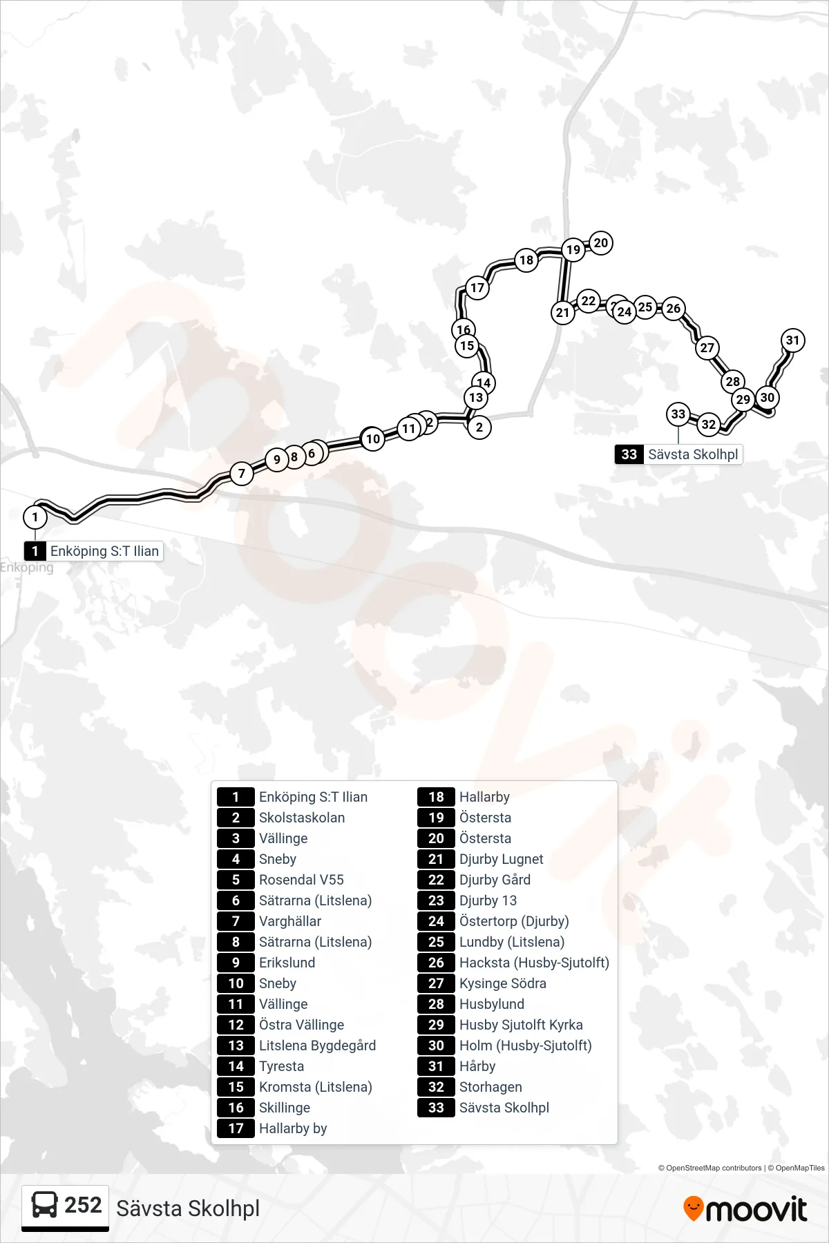 Rutt och hållplatser på karta för linje 252 buss, (Sävsta Skolhpl)