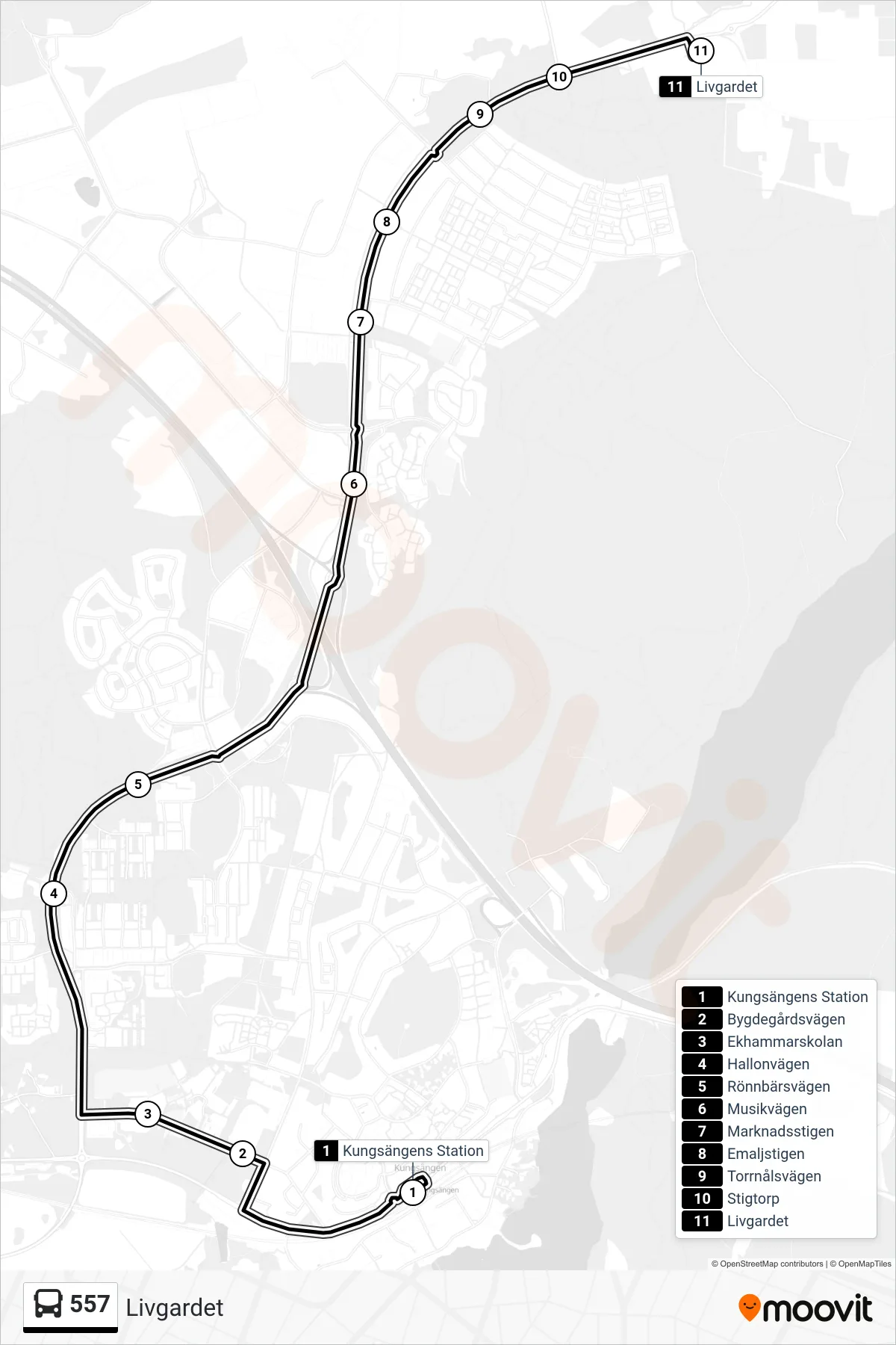 Rutt och hållplatser på karta för linje 557  buss, (Livgardet)