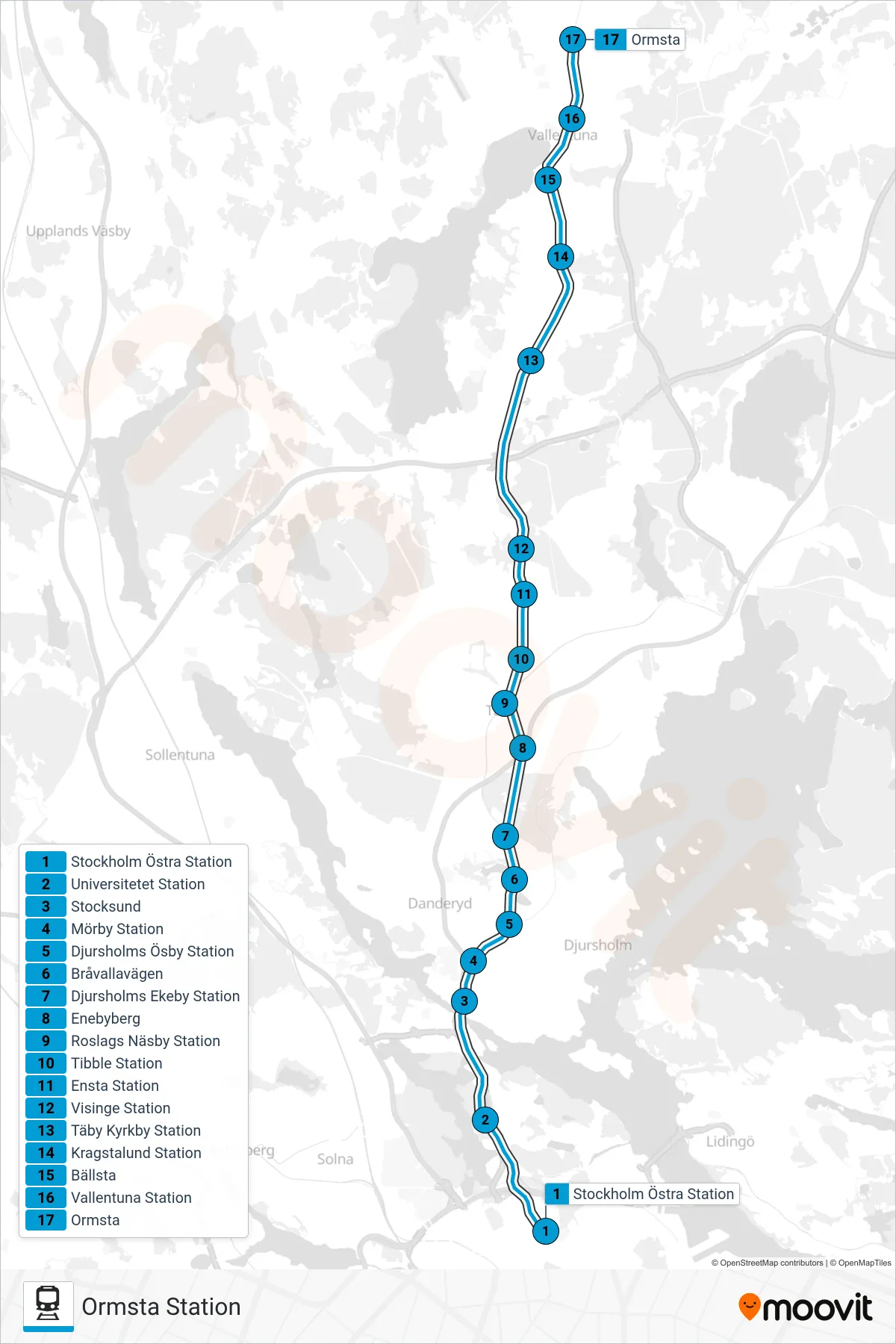 Rutt och hållplatser på karta för linje 27 tåg, (Ormsta Station)