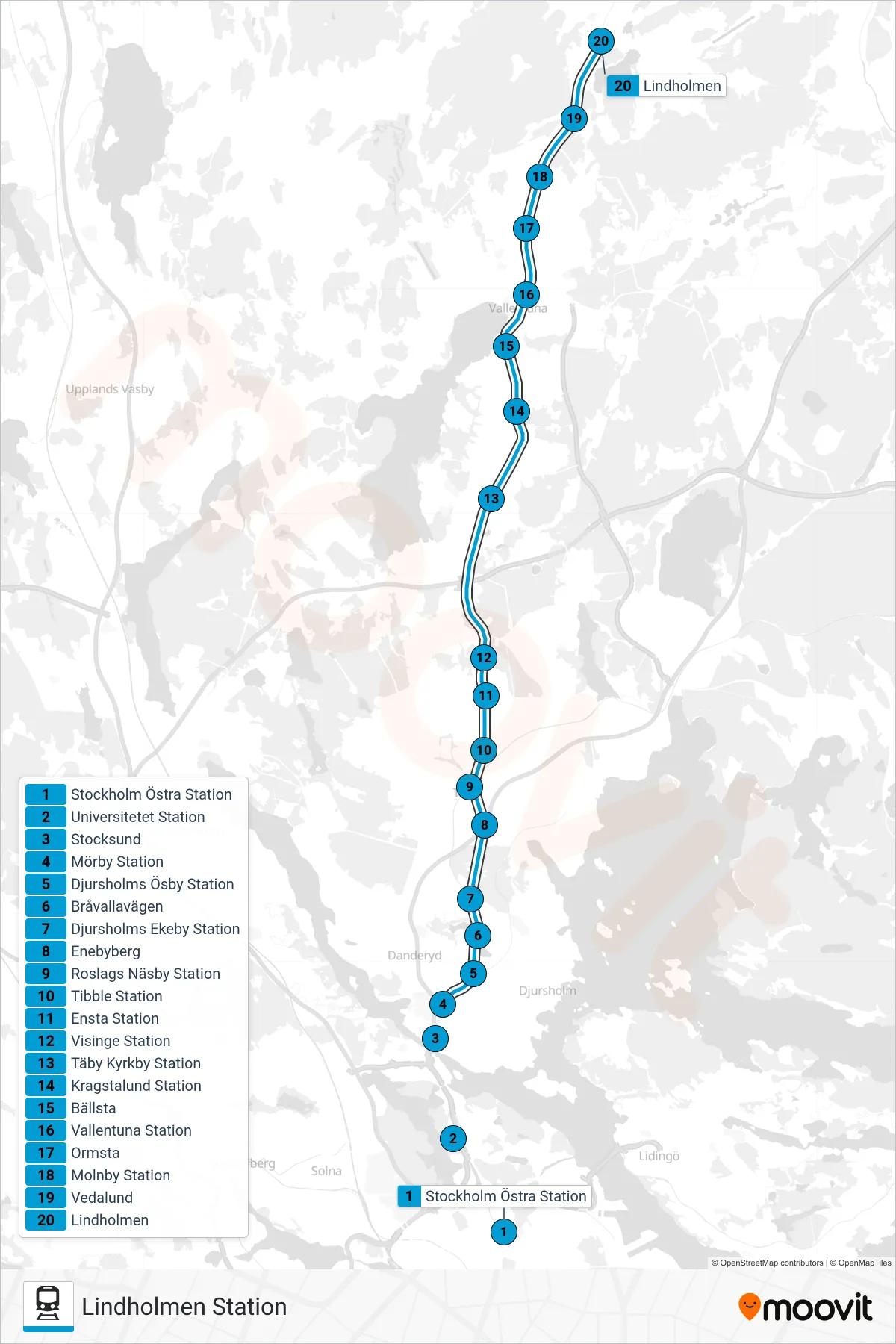 Rutt och hållplatser på karta för linje 27  tåg, (Lindholmen Station)
