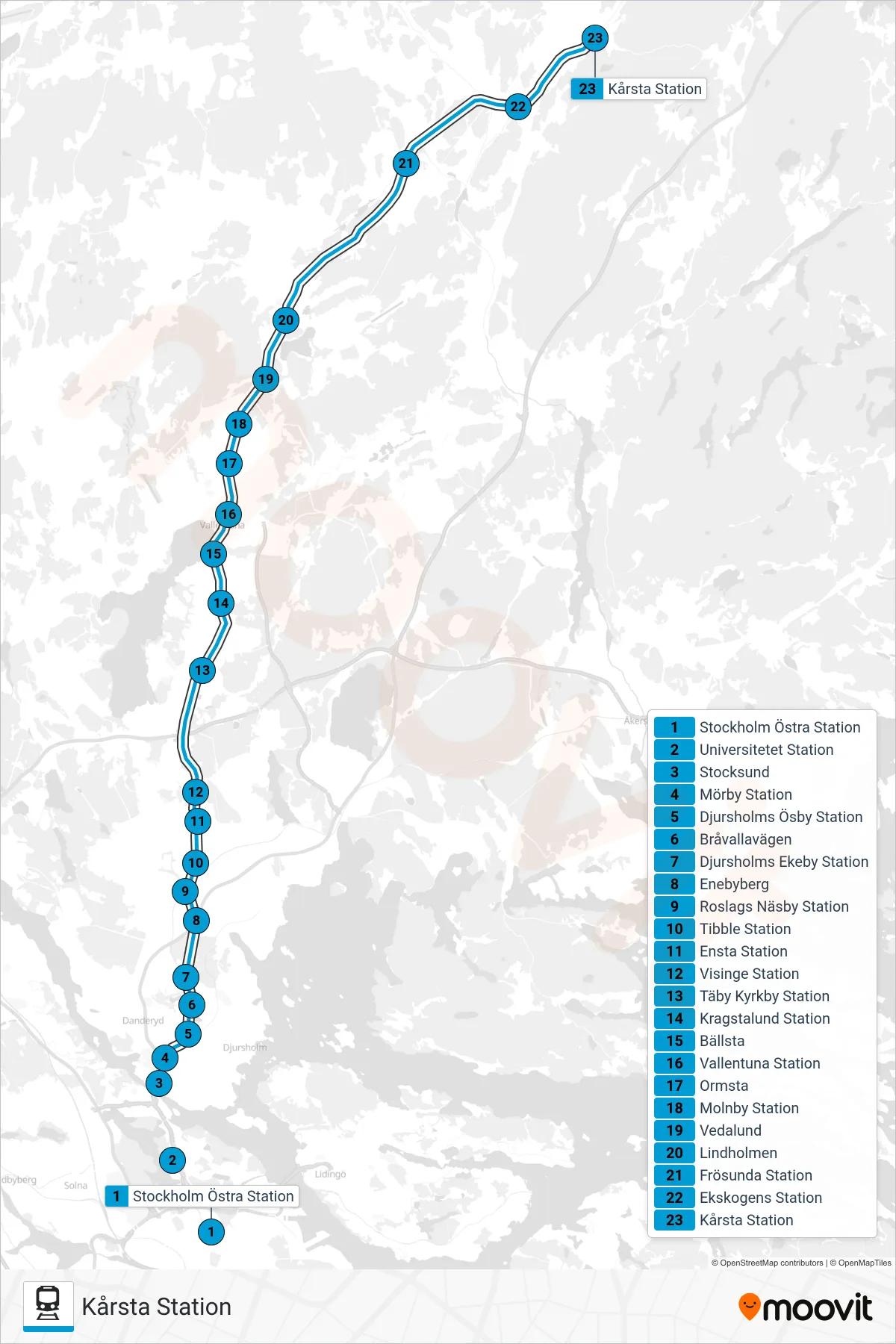 Rutt och hållplatser på karta för linje 27  tåg, (Kårsta Station)