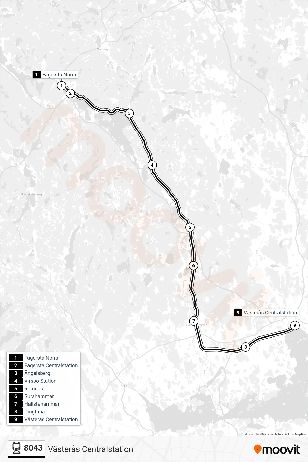 Rutt och hållplatser på karta för linje 8043 tåg, (Västerås Centralstation)