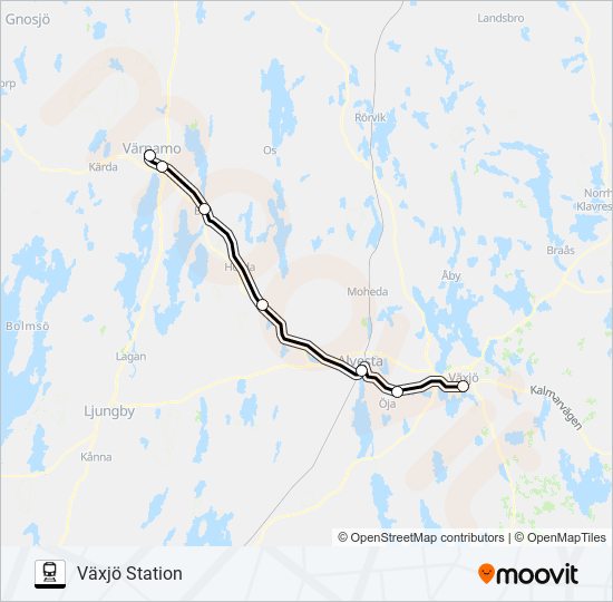 VÄRNAMO STATION - VÄXJÖ STATION tåg Linje karta