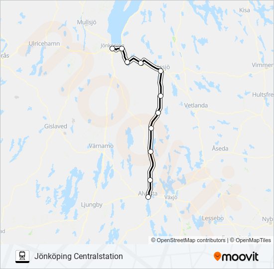 ALVESTA STATION - JÖNKÖPING CENTRALSTATION tåg Linje karta