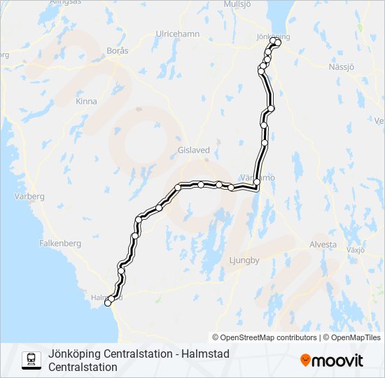 JÖNKÖPING CENTRALSTATION - HALMSTAD CENTRALSTATION tåg Linje karta