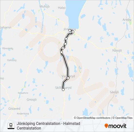 JÖNKÖPING CENTRALSTATION - HALMSTAD CENTRALSTATION train Line Map