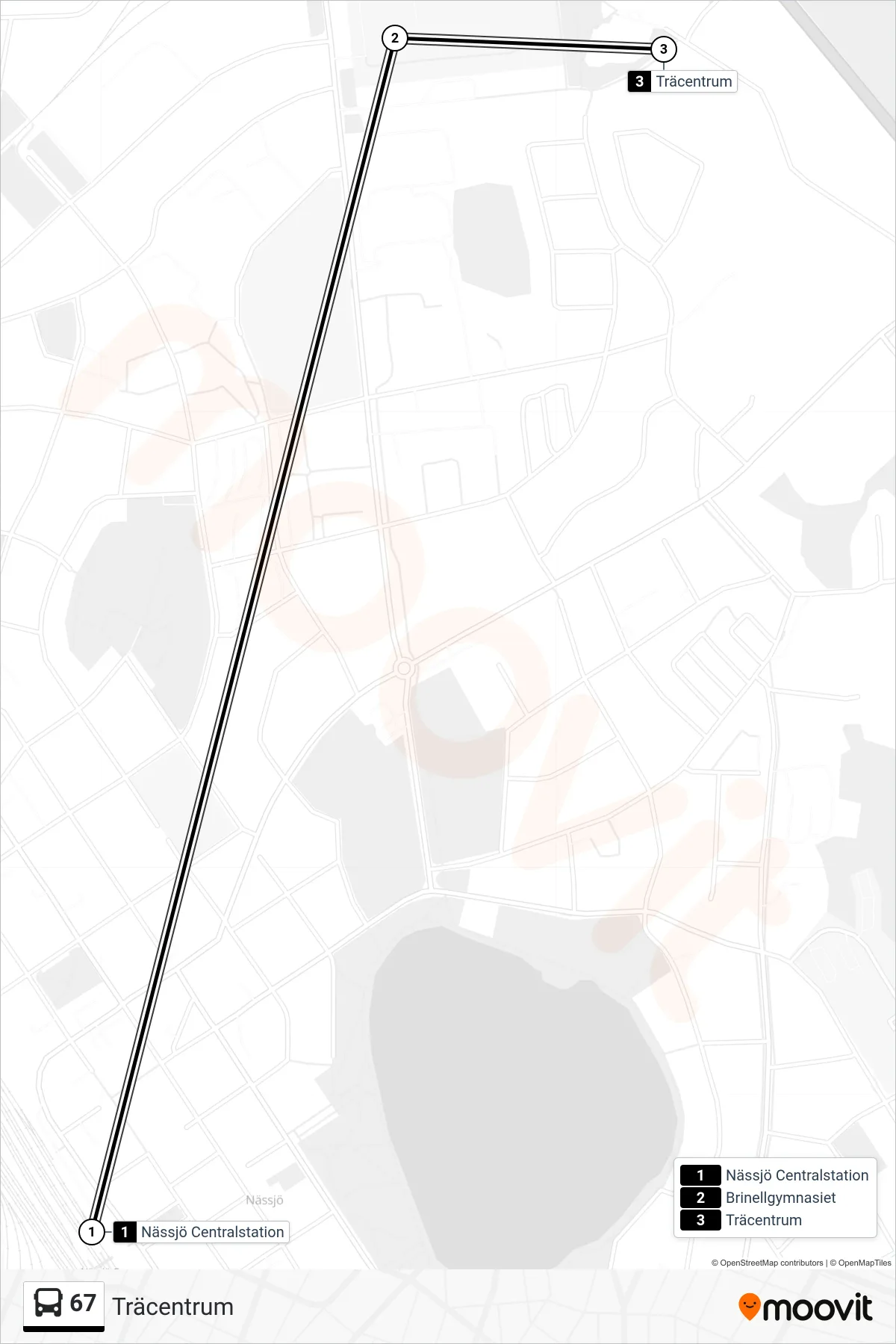 Rutt och hållplatser på karta för linje 67  spårvagn, (Träcentrum)