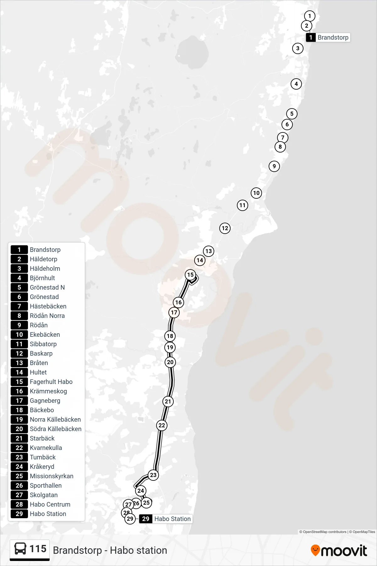 Rutt och hållplatser på karta för linje 115 spårvagn, (Habo Station)