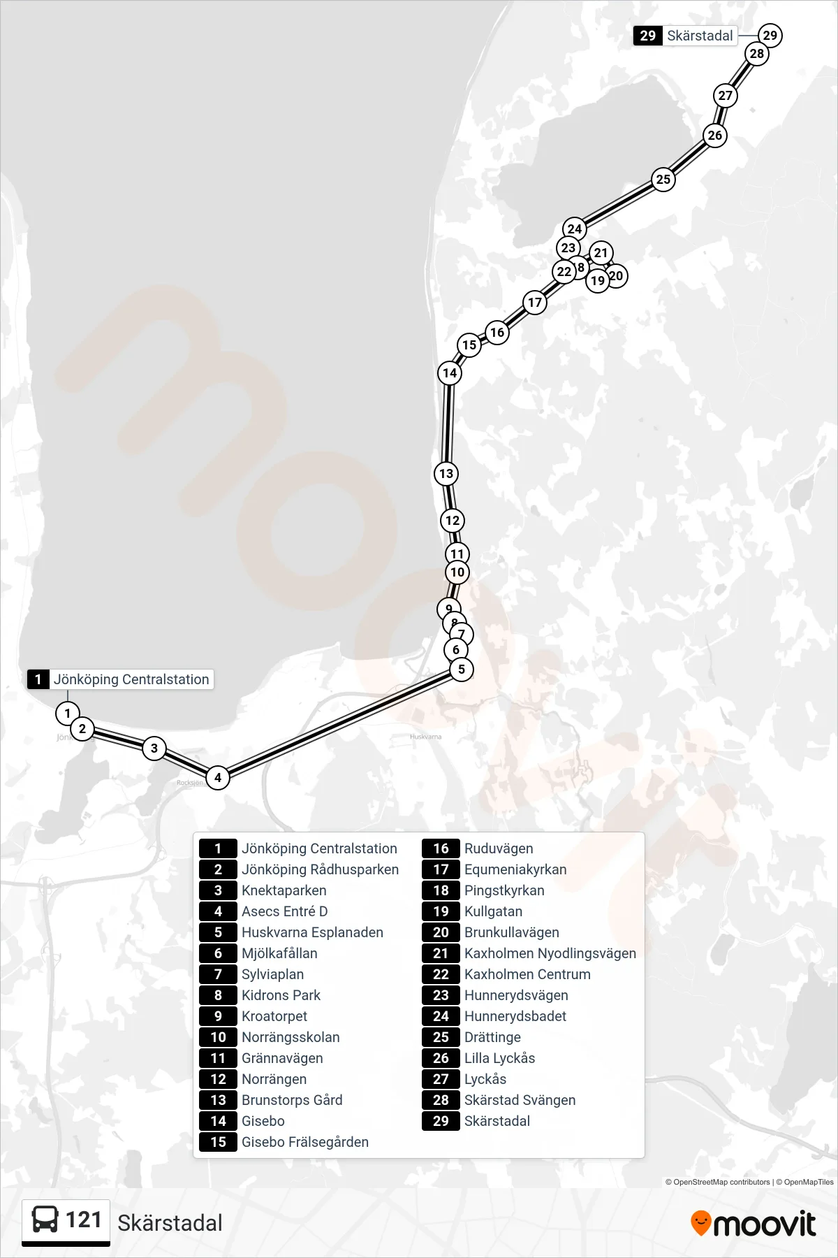 Rutt och hållplatser på karta för linje 121  spårvagn, (Skärstadal)