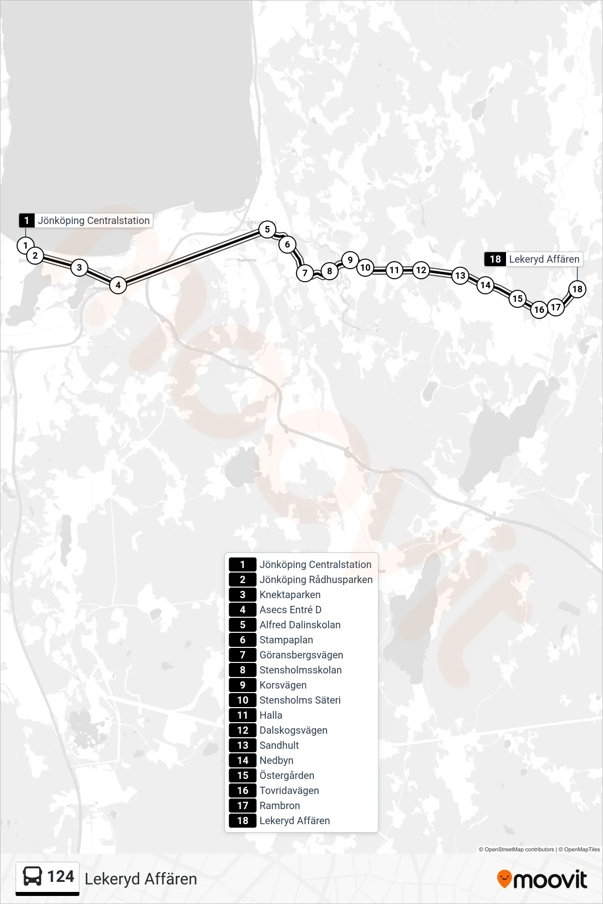 Rutt och hållplatser på karta för linje 124  spårvagn, (Lekeryd Affären)