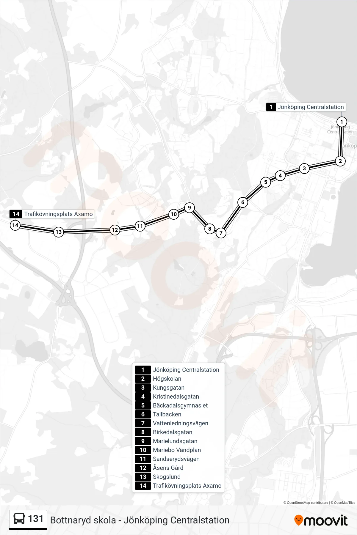 Rutt och hållplatser på karta för linje 131  spårvagn, (Trafikövningsplats Axamo)