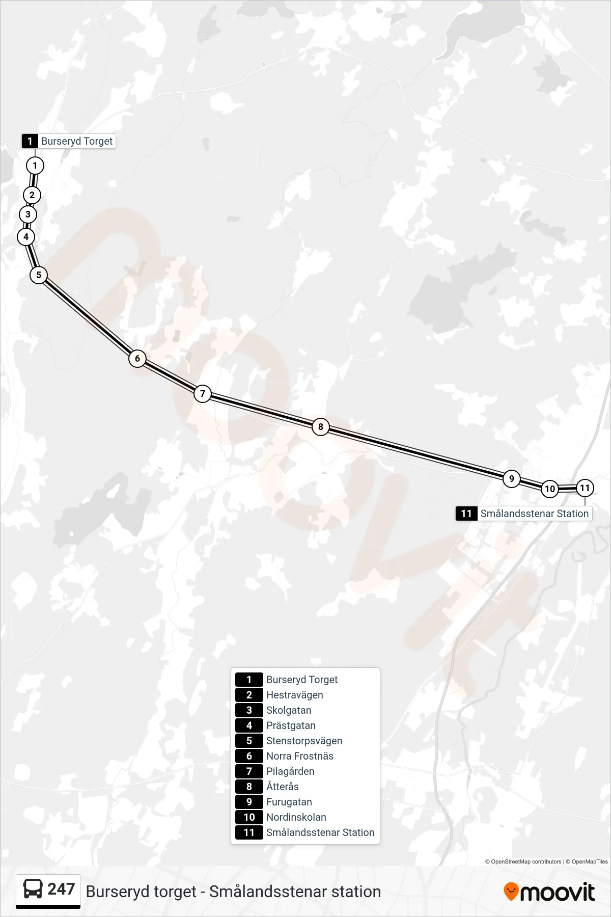 Rutt och hållplatser på karta för linje 247 spårvagn, (Smålandsstenar Station)