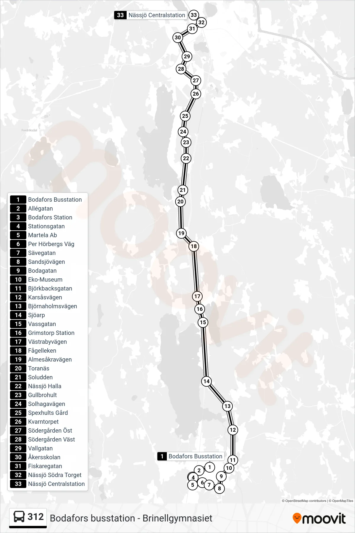 Rutt och hållplatser på karta för linje 312  spårvagn, (Nässjö Centralstation)