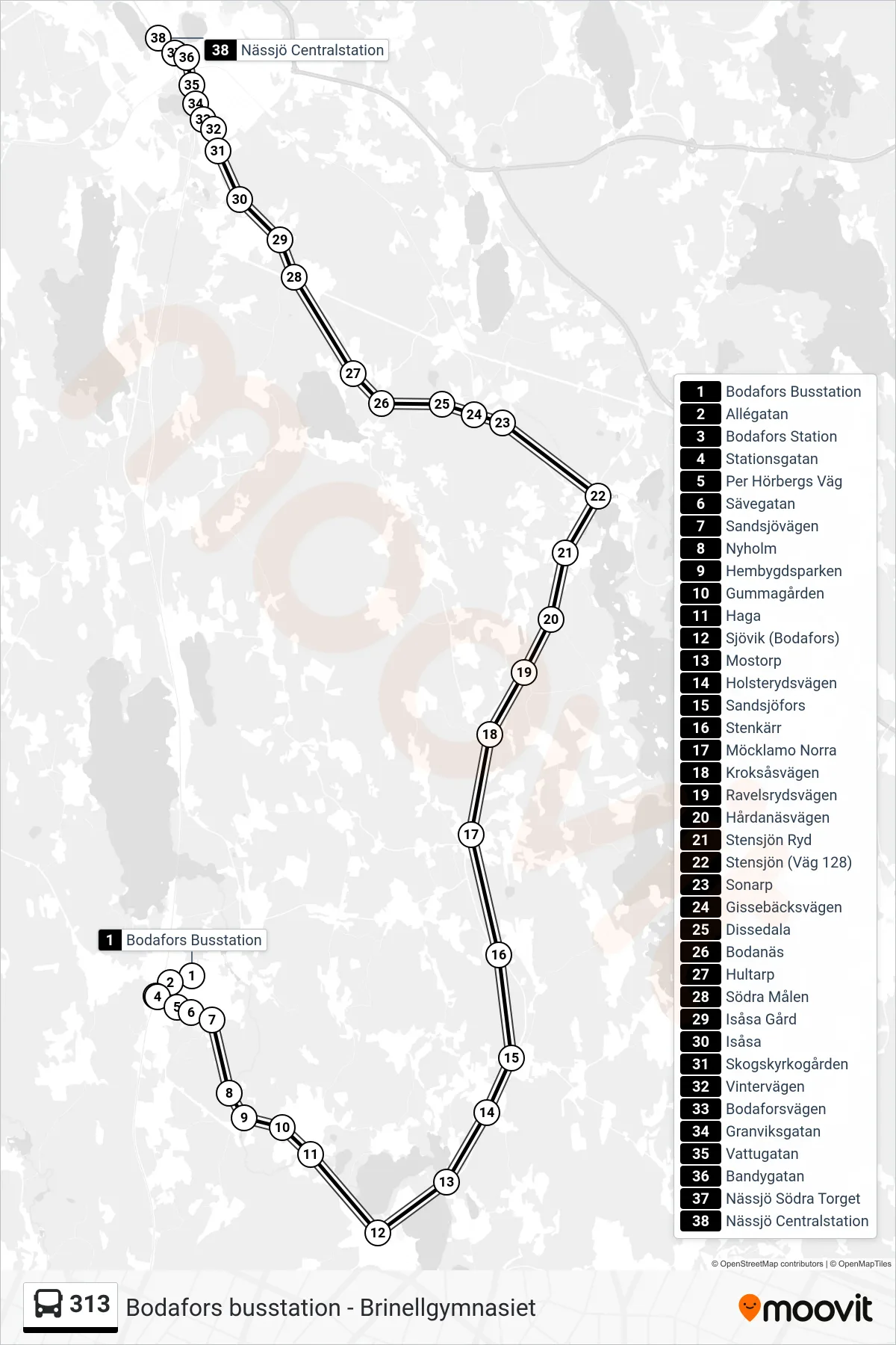 Rutt och hållplatser på karta för linje 313 spårvagn, (Nässjö Centralstation)