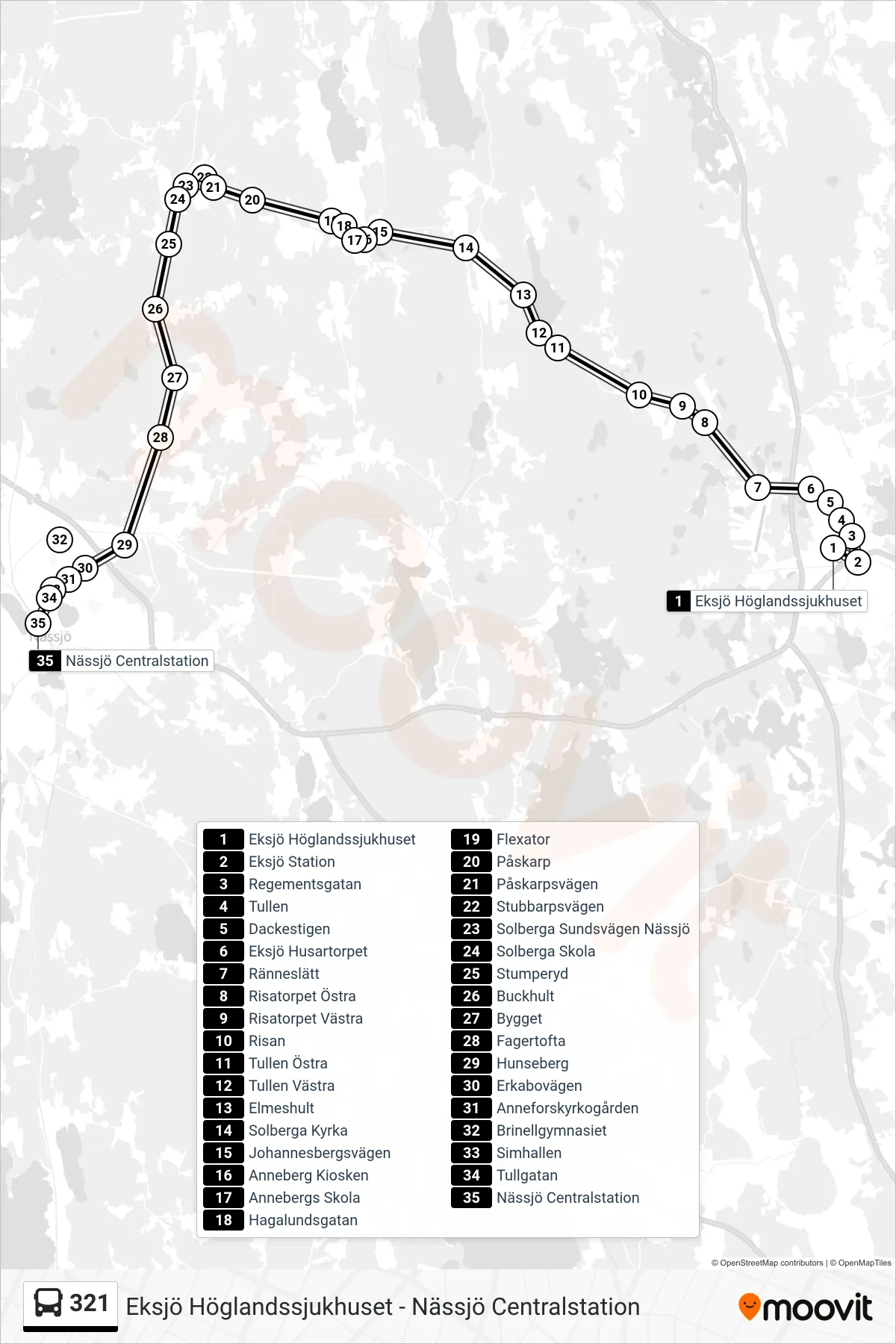 Rutt och hållplatser på karta för linje 321 spårvagn, (Nässjö Centralstation)