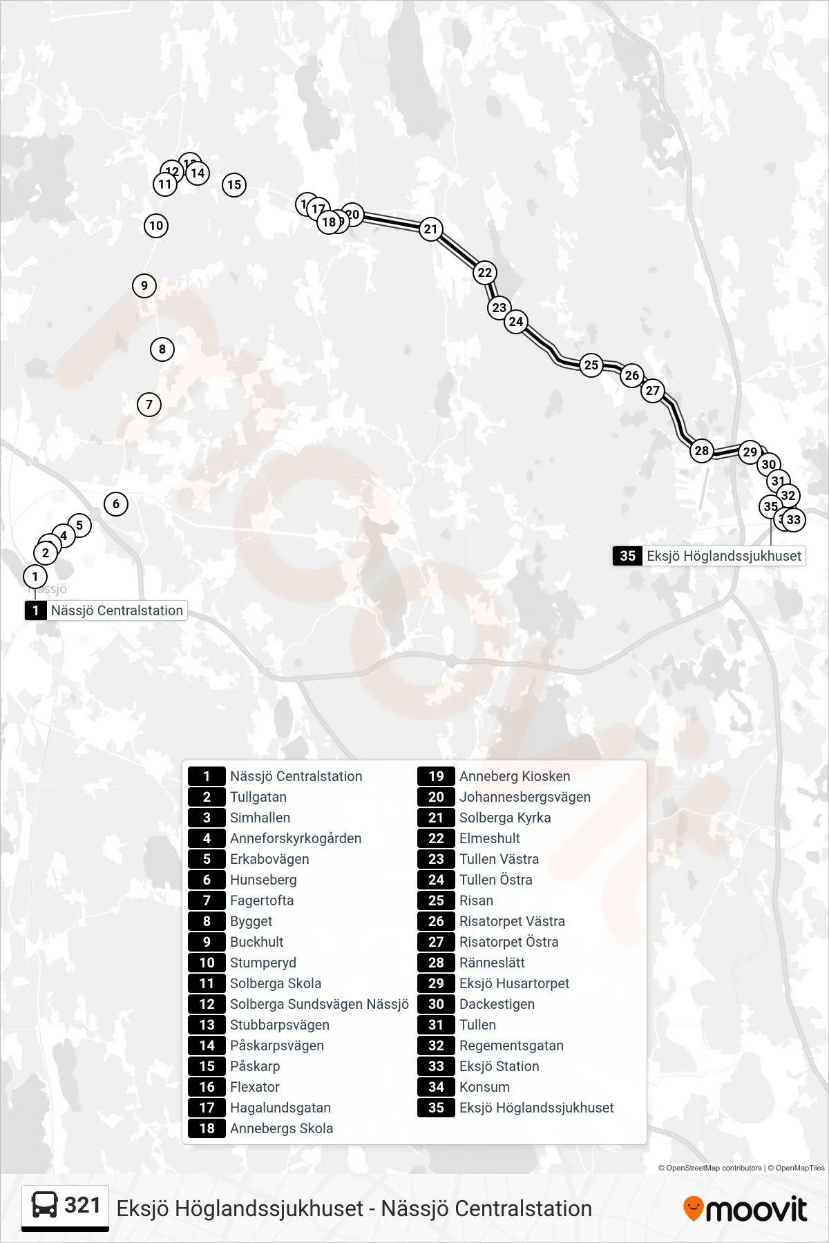 Rutt och hållplatser på karta för linje 321  spårvagn, (Eksjö Höglandssjukhuset)