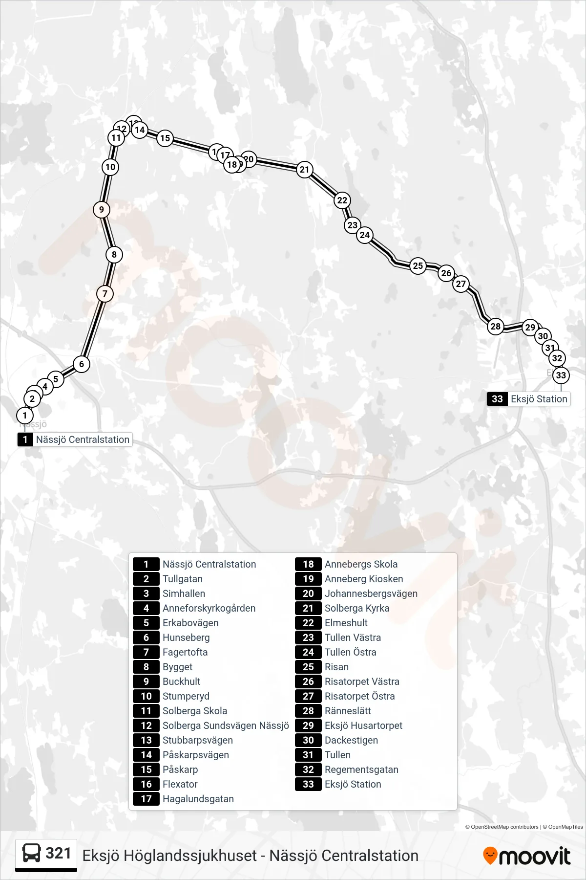 Rutt och hållplatser på karta för linje 321 spårvagn, (Eksjö Station)