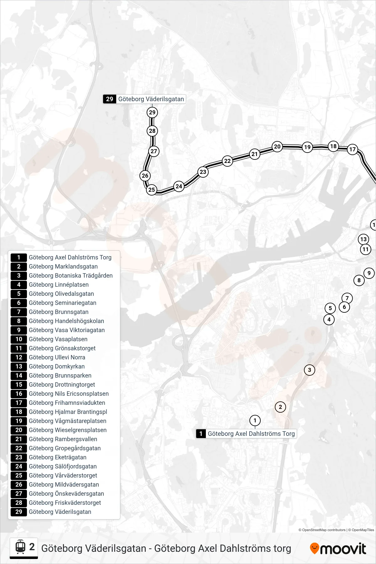 Rutt och hållplatser på karta för linje 2  spårvagn, (Göteborg Väderilsgatan)