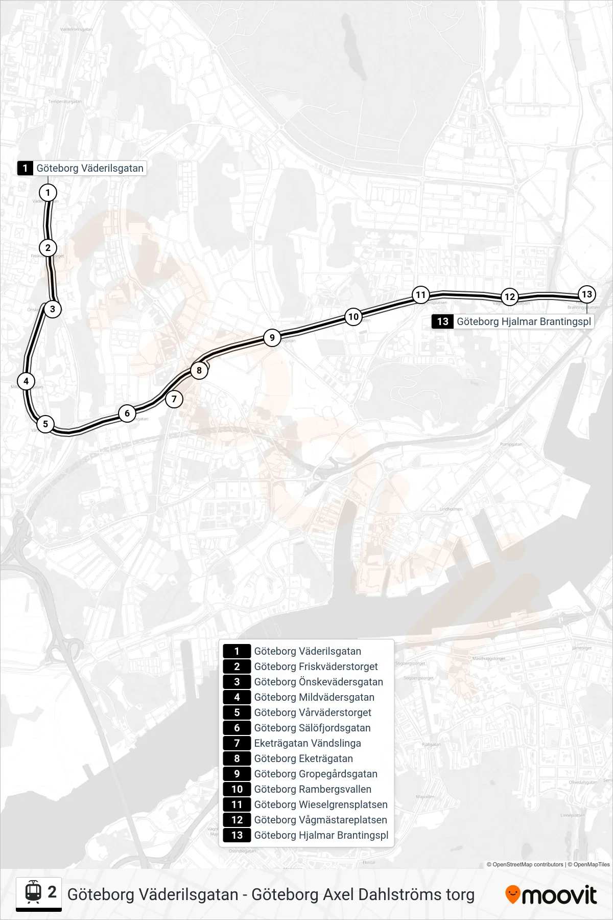 Rutt och hållplatser på karta för linje 2 spårvagn, (Göteborg Hjalmar Brantingspl)