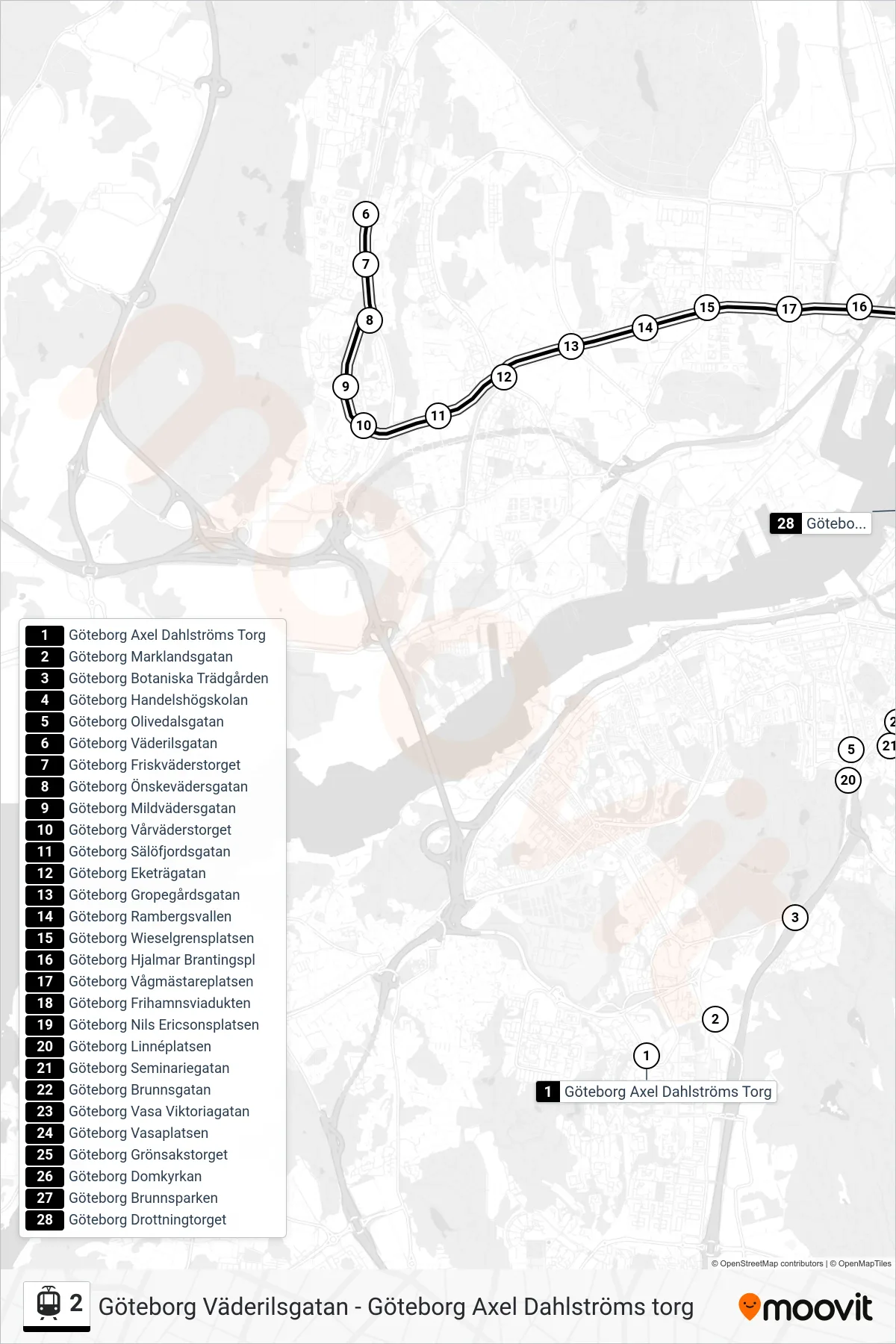 Rutt och hållplatser på karta för linje 2 spårvagn, (Göteborg Drottningtorget)