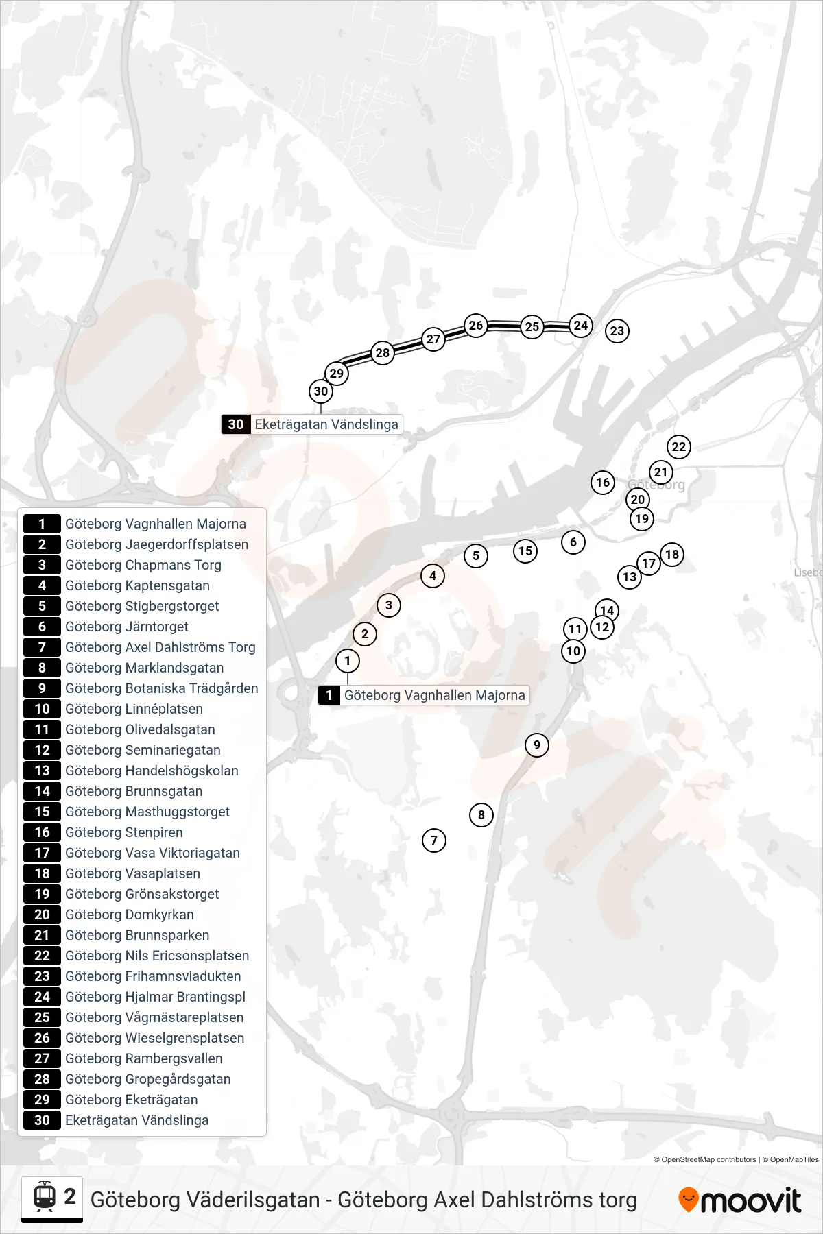Rutt och hållplatser på karta för linje 2 spårvagn, (Eketrägatan Vändslinga)