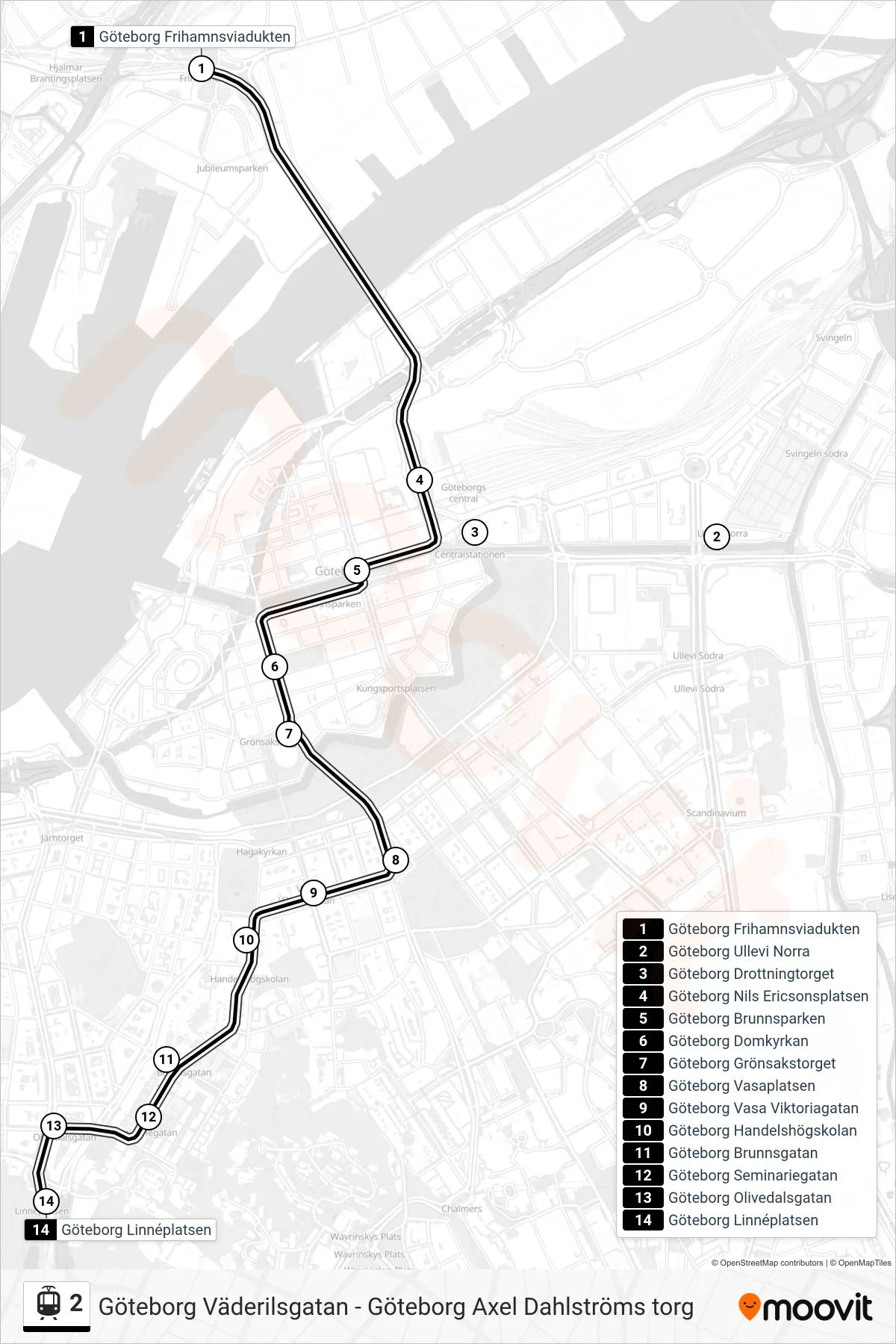 Rutt och hållplatser på karta för linje 2  spårvagn, (Göteborg Linnéplatsen)