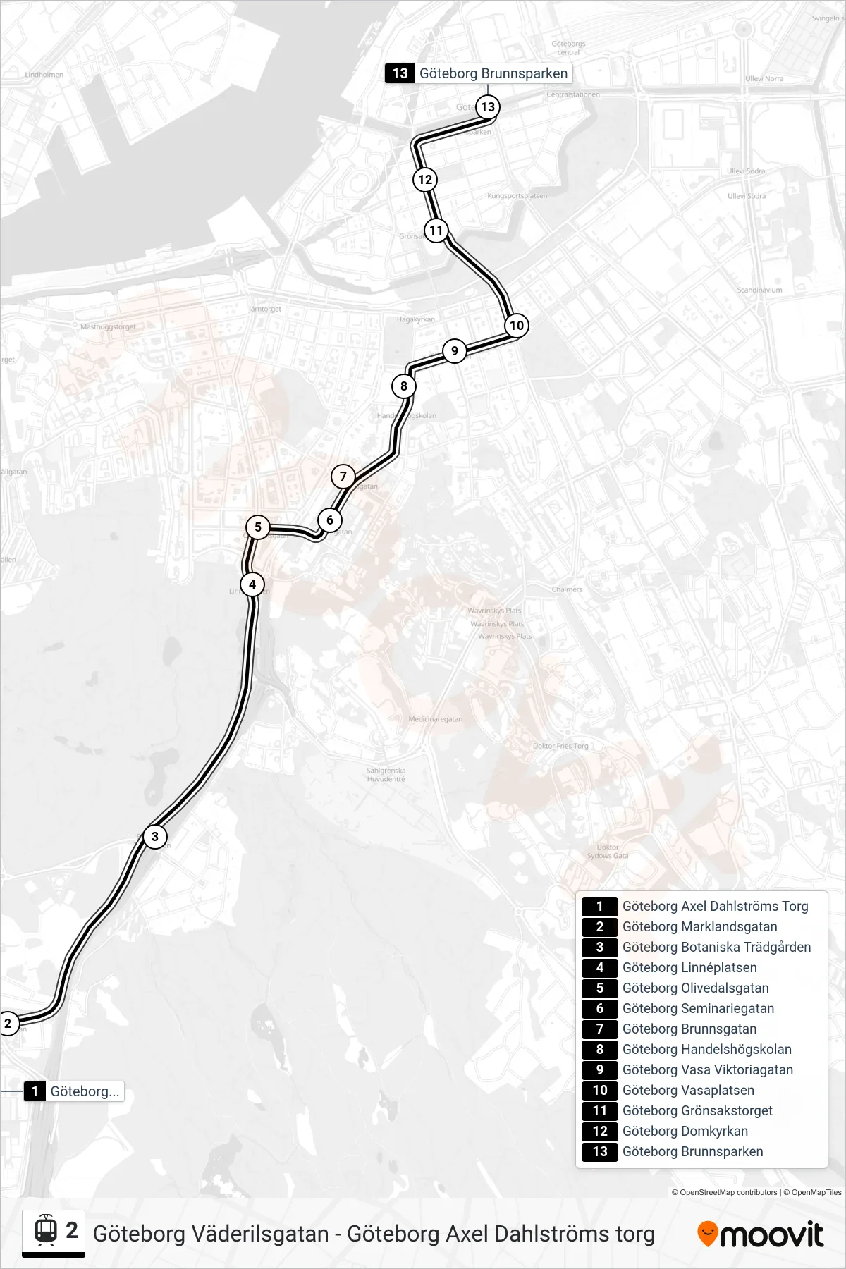 Rutt och hållplatser på karta för linje 2 spårvagn, (Göteborg Brunnsparken)