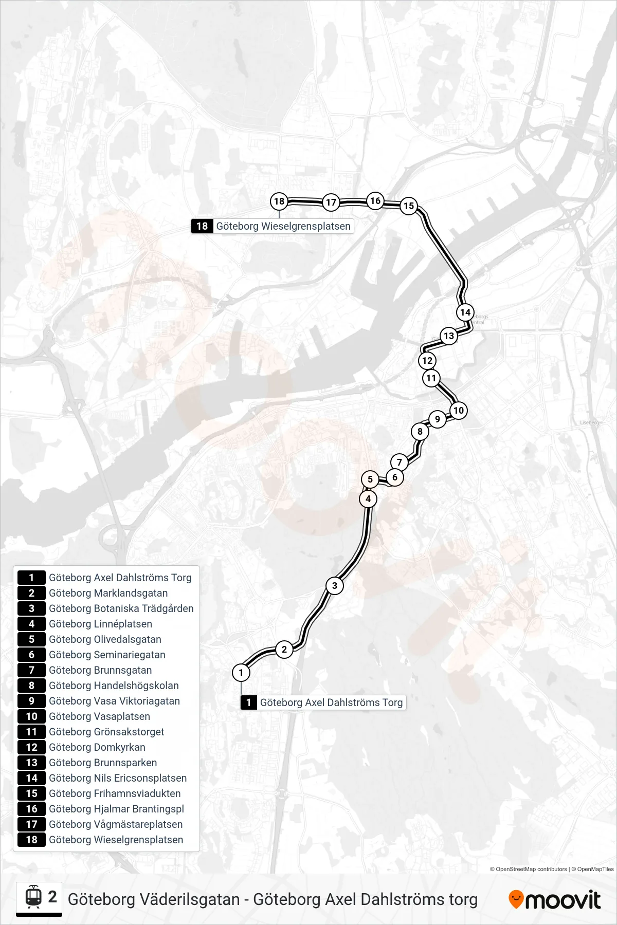 Rutt och hållplatser på karta för linje 2 spårvagn, (Göteborg Wieselgrensplatsen)