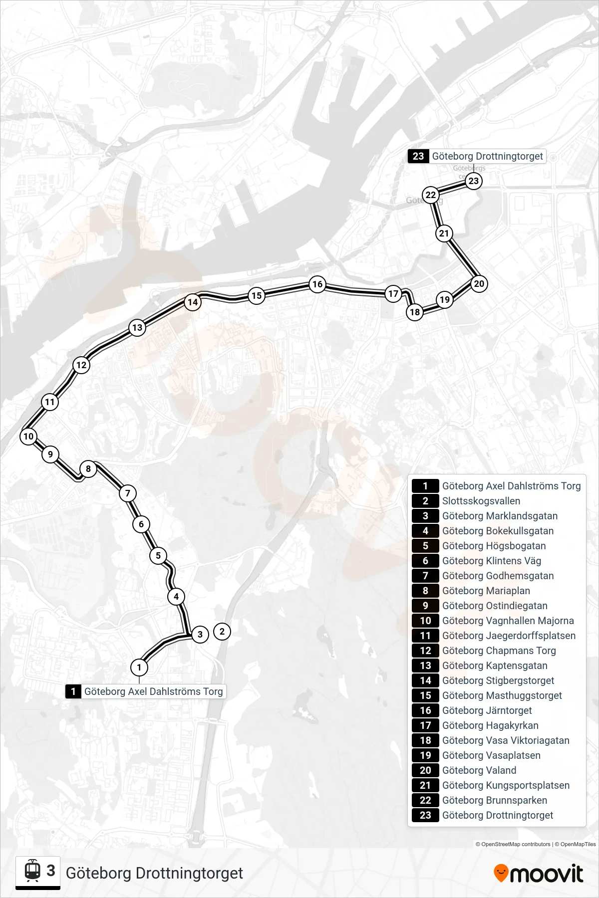 Rutt och hållplatser på karta för linje 3  spårvagn, (Göteborg Drottningtorget)
