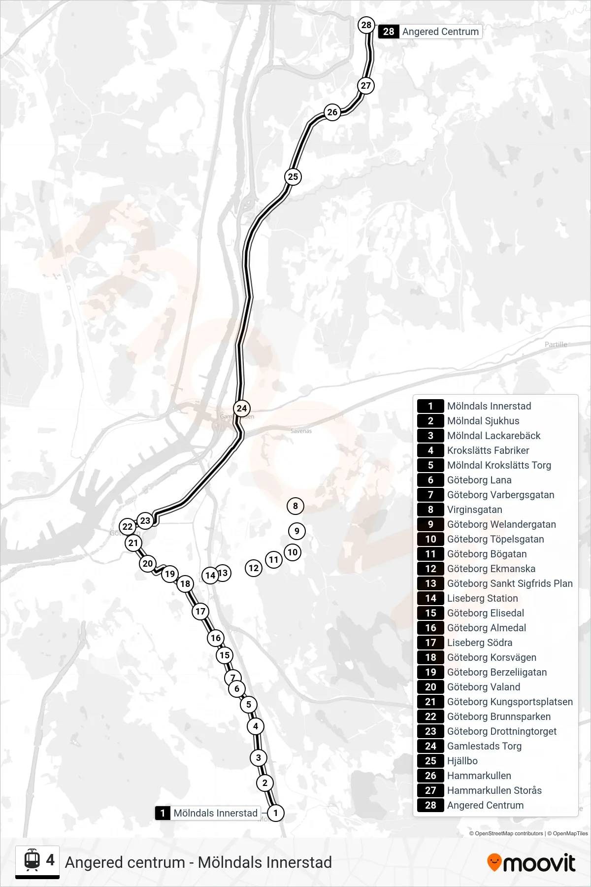 Rutt och hållplatser på karta för linje 4 spårvagn, (Angered Centrum)