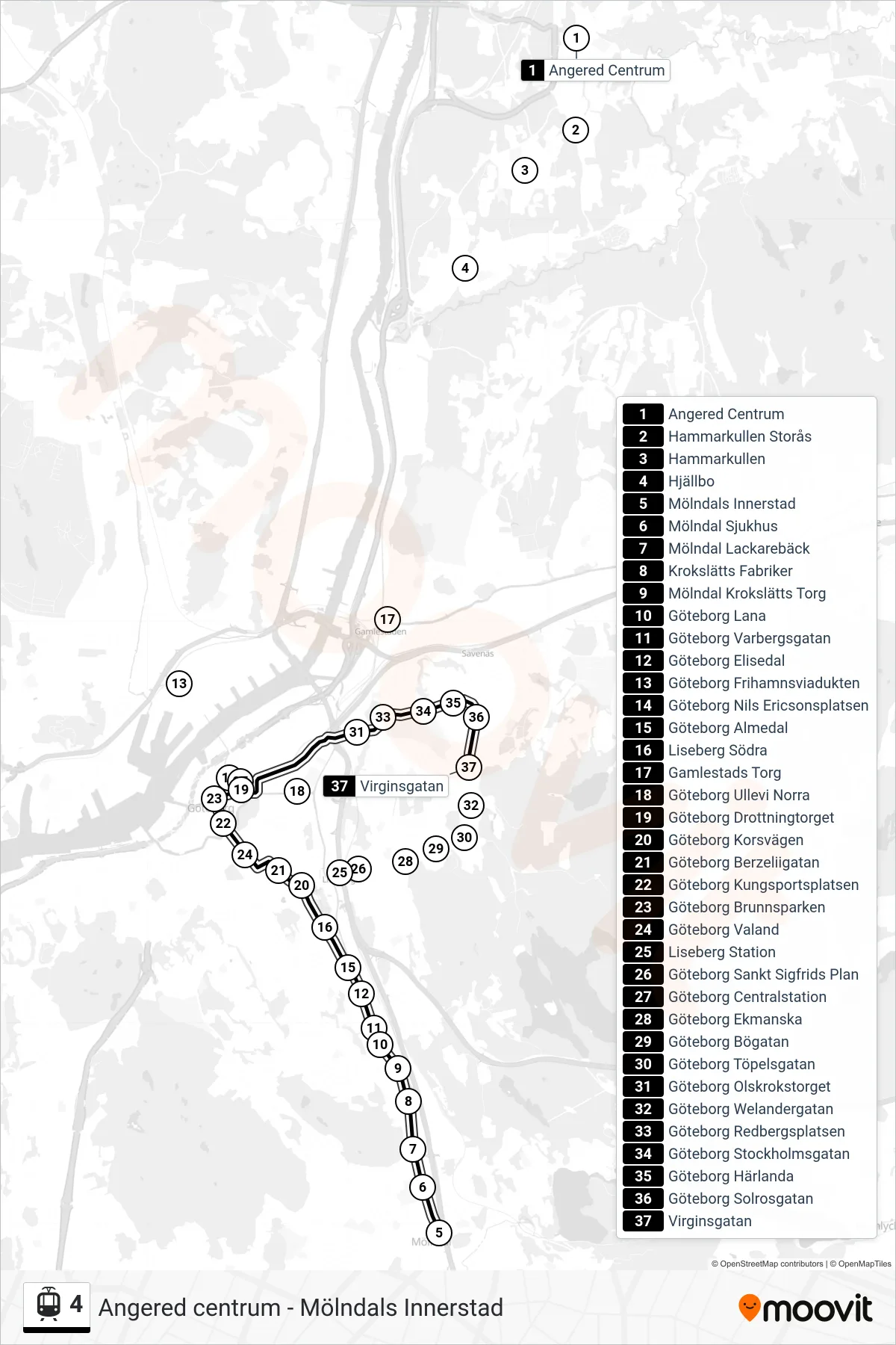 Rutt och hållplatser på karta för linje 4 spårvagn, (Virginsgatan)