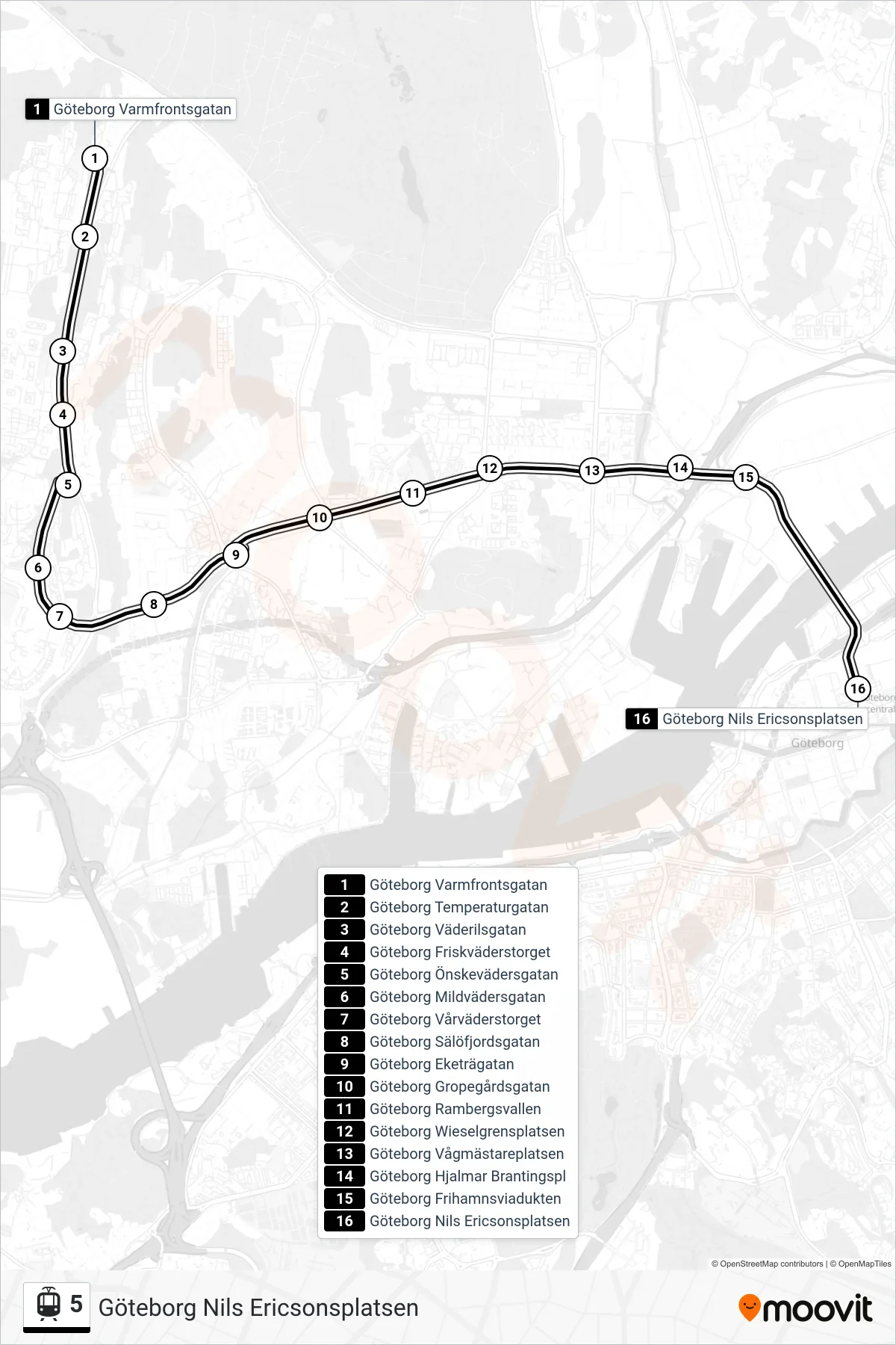 Rutt och hållplatser på karta för linje 5  spårvagn, (Göteborg Nils Ericsonsplatsen)
