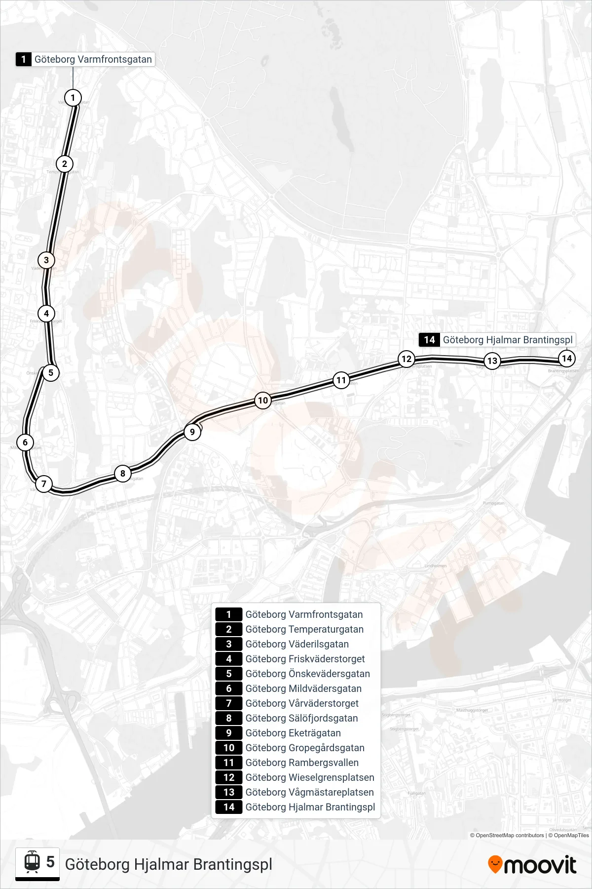 Rutt och hållplatser på karta för linje 5 spårvagn, (Göteborg Hjalmar Brantingspl)
