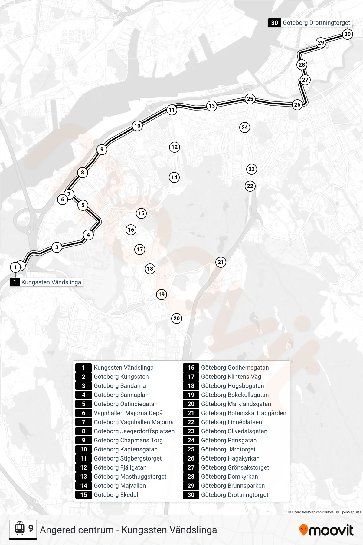 Rutt och hållplatser på karta för linje 9 spårvagn, (Göteborg Drottningtorget)