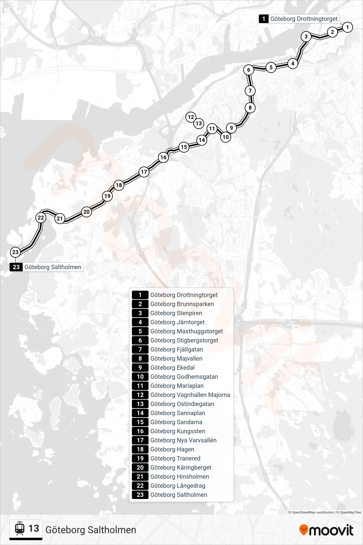 Rutt och hållplatser på karta för linje 13  spårvagn, (Göteborg Saltholmen)
