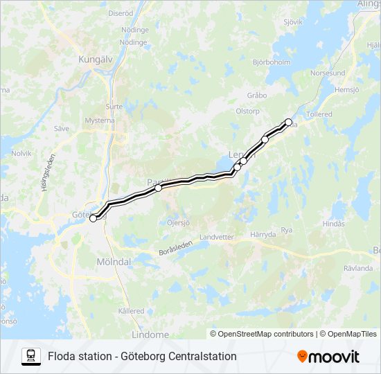FLODA STATION - GÖTEBORG CENTRALSTATION tåg Linje karta
