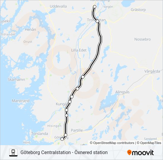 GÖTEBORG CENTRALSTATION - ÖXNERED STATION tåg Linje karta