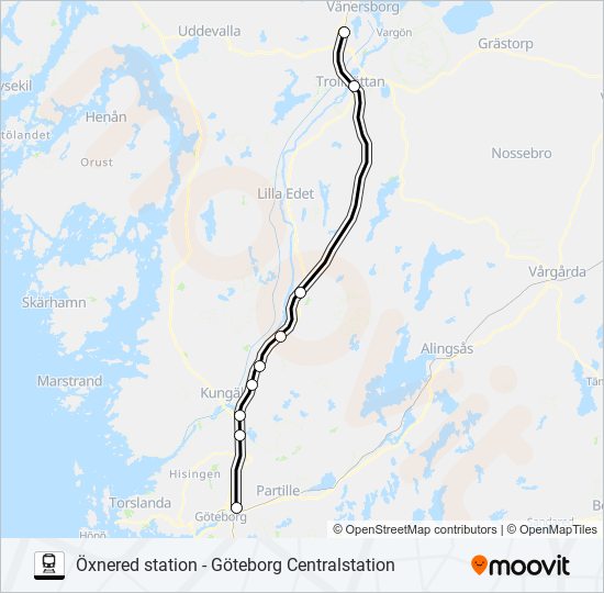 ÖXNERED STATION - GÖTEBORG CENTRALSTATION tåg Linje karta