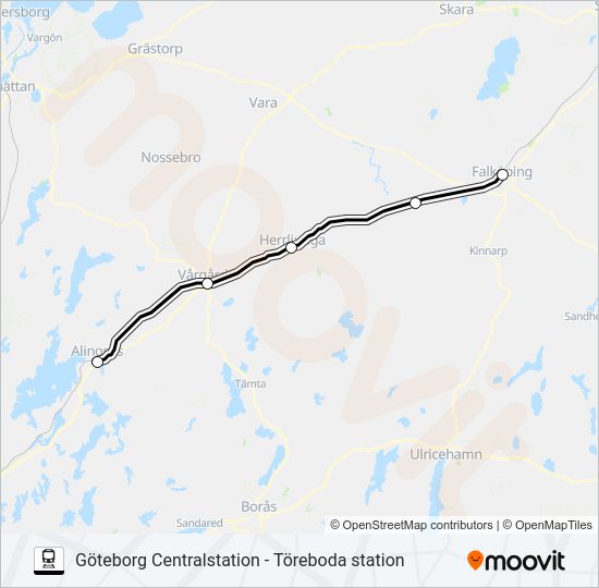 GÖTEBORG CENTRALSTATION - TÖREBODA STATION tåg Linje karta