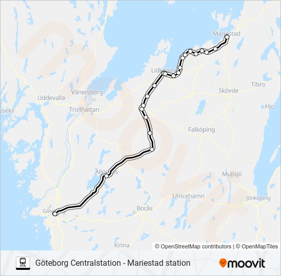 GÖTEBORG CENTRALSTATION - MARIESTAD STATION tåg Linje karta