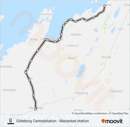 GÖTEBORG CENTRALSTATION - MARIESTAD STATION tåg Linje karta