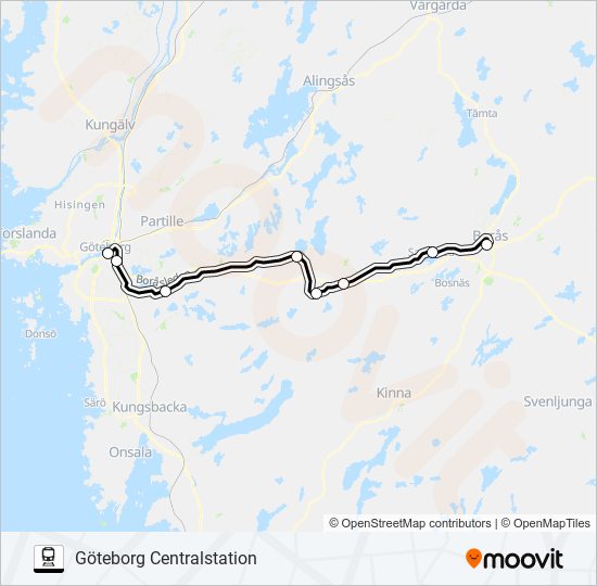 BORÅS CENTRALSTATION - GÖTEBORG CENTRALSTATION train Line Map