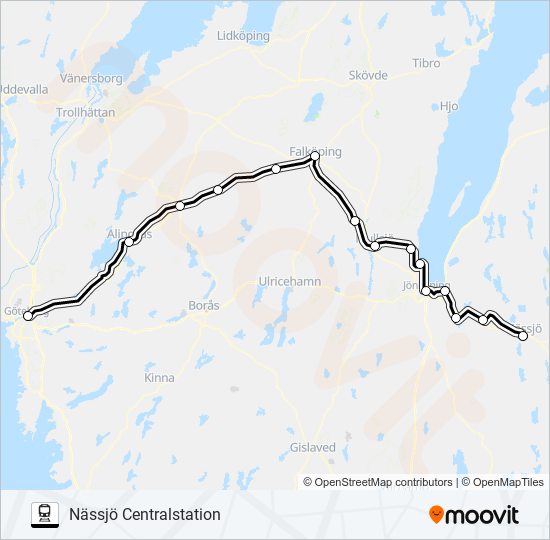 GÖTEBORG CENTRALSTATION - NÄSSJÖ CENTRALSTATION train Line Map