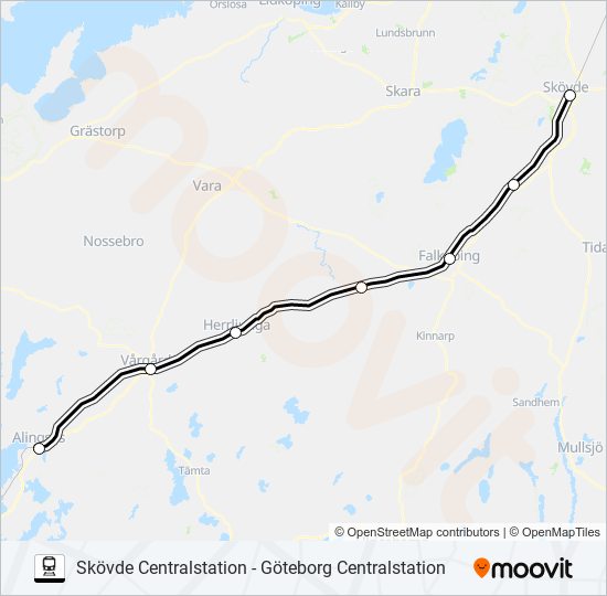 SKÖVDE CENTRALSTATION - GÖTEBORG CENTRALSTATION tåg Linje karta