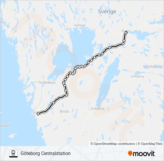 ÖREBRO CENTRALSTATION - GÖTEBORG CENTRALSTATION train Line Map