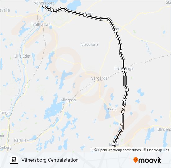 BORÅS CENTRALSTATION - VÄNERSBORG CENTRALSTATION train Line Map