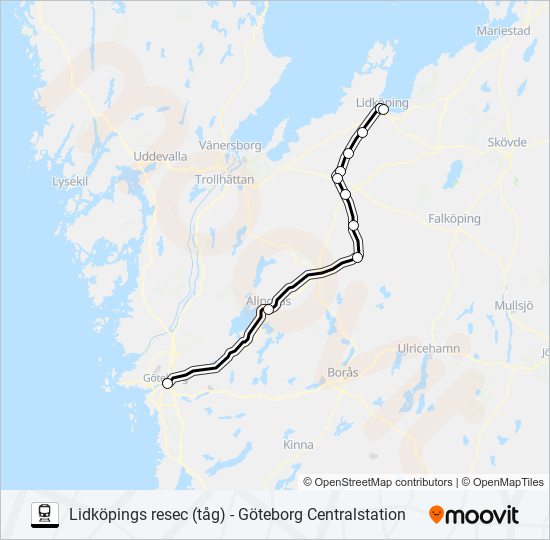 LIDKÖPINGS RESEC (TÅG) - GÖTEBORG CENTRALSTATION train Line Map