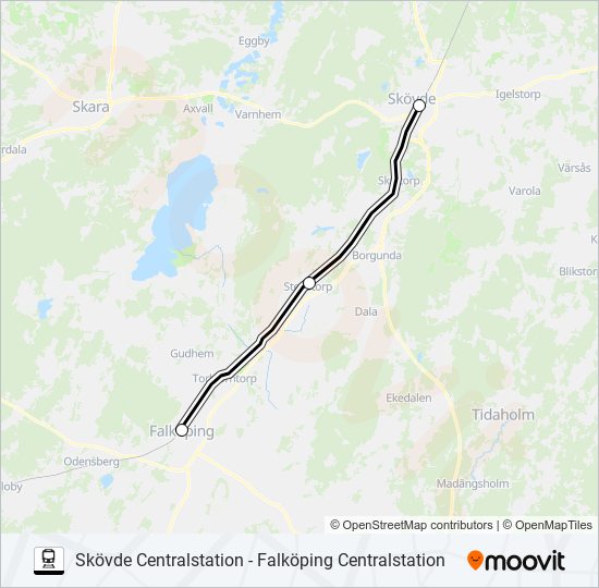 SKÖVDE CENTRALSTATION - FALKÖPING CENTRALSTATION tåg Linje karta
